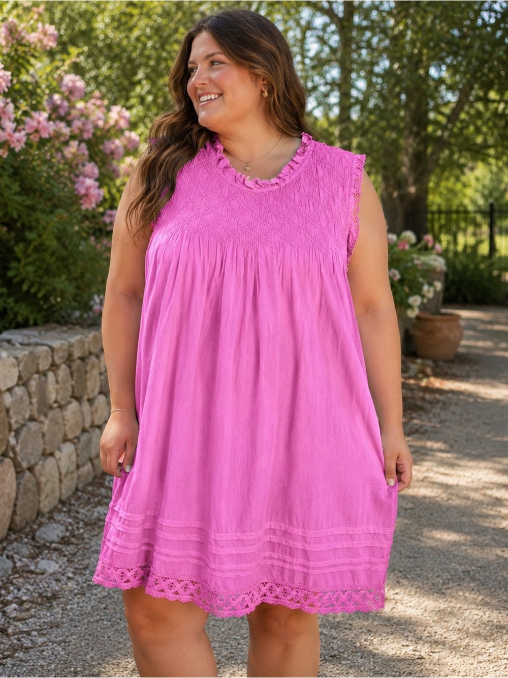 Free People Pink Embroidered Babydoll Mini Dress Large Boho Lace Trim
